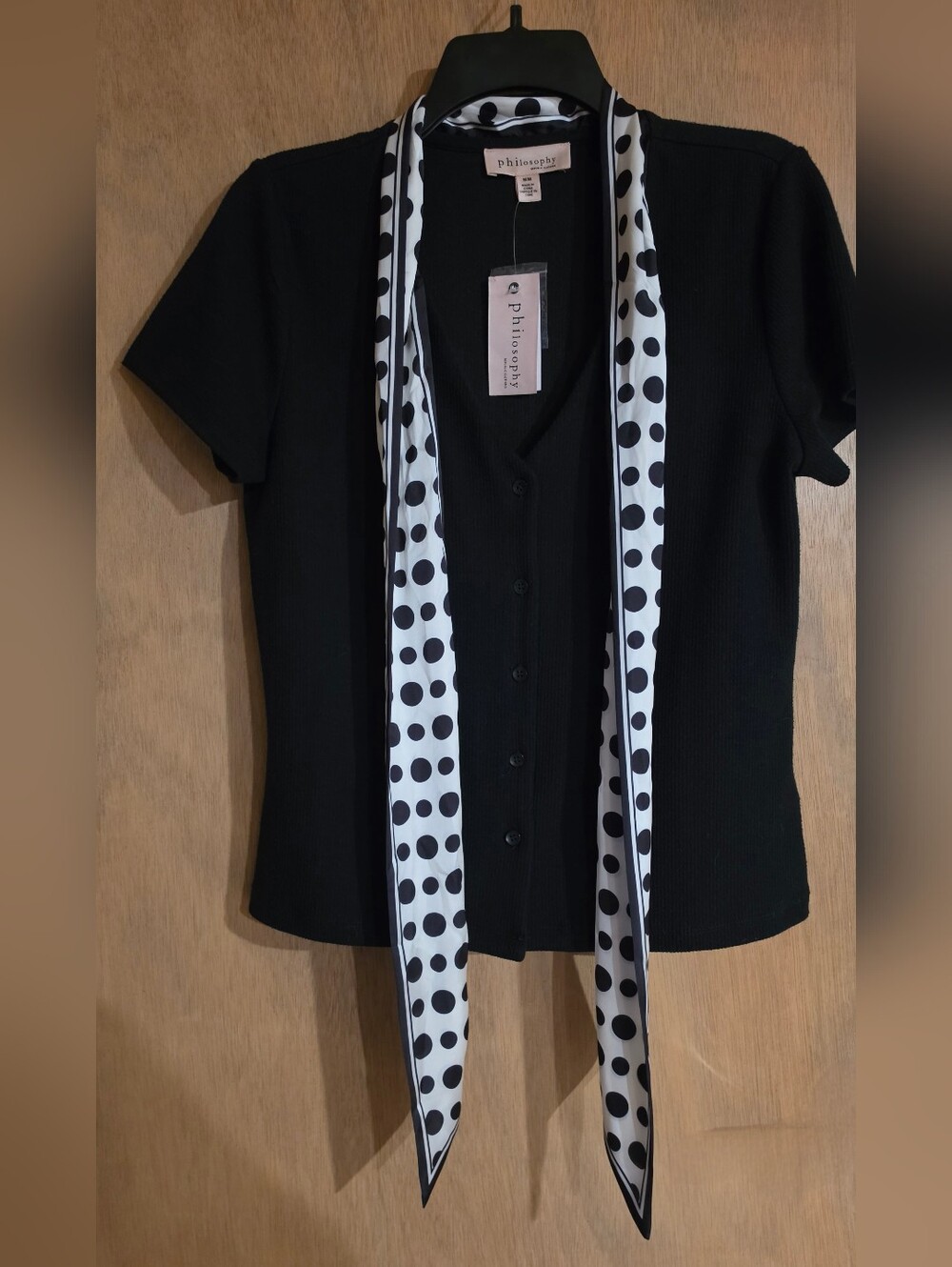 Philosophy Black Button Front Top with Polka Dot Neck Scarf Med New - Picture 5 of 11